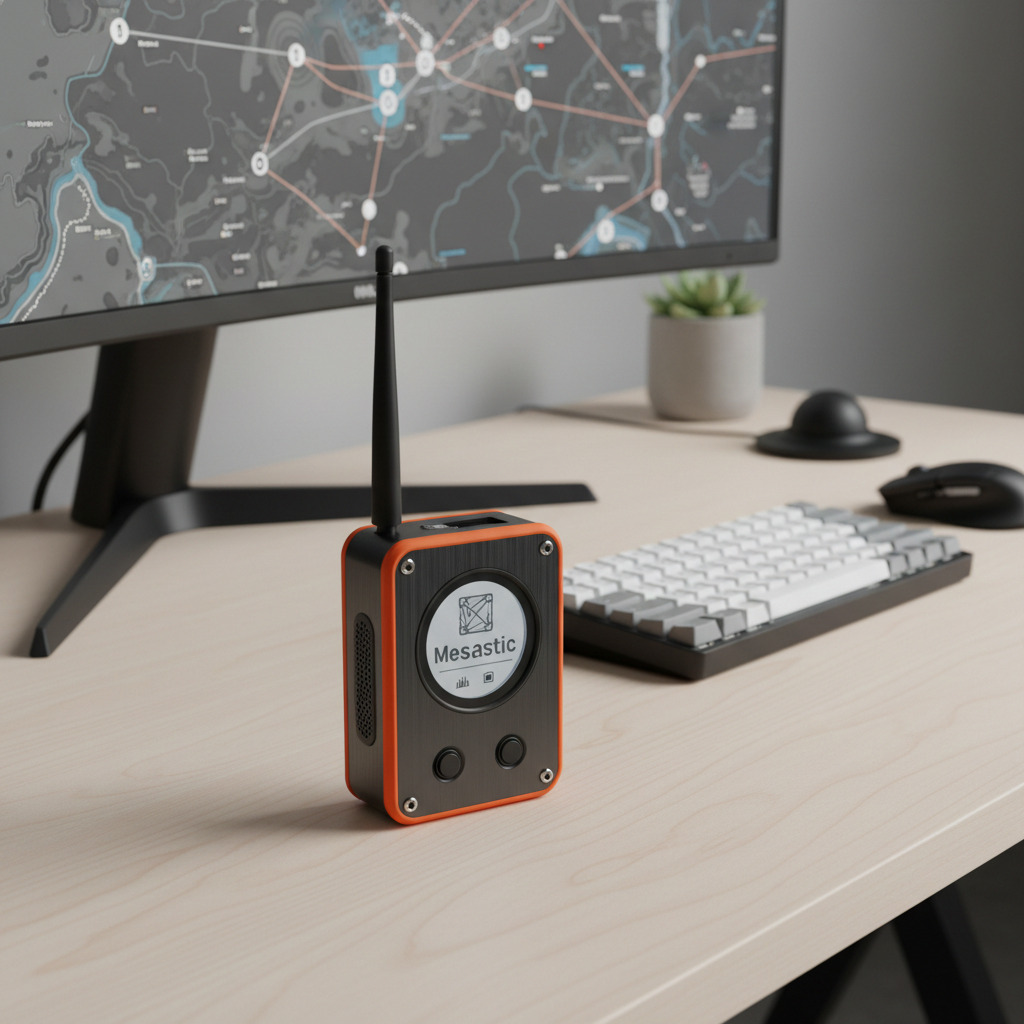 An orange and black Mesastic device with an antenna sits on a desk next to a computer monitor, keyboard, and mouse.